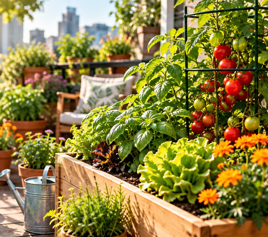 A bright small space vegetable garden with tomatoes, leafy greens, herbs and raised planters